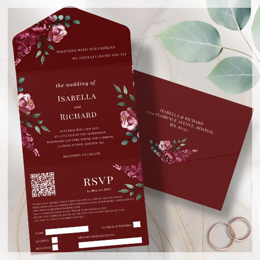Bourgondië | Marsala Red Floral | QR-code RSVP All In One Uitnodiging