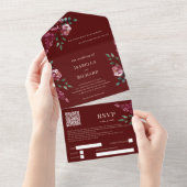 Bourgondië | Marsala Red Floral | QR-code RSVP All In One Uitnodiging (Afscheurbaar)