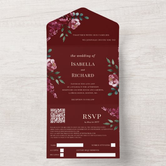 Bourgondië | Marsala Red Floral | QR-code RSVP All In One Uitnodiging (Binnen)