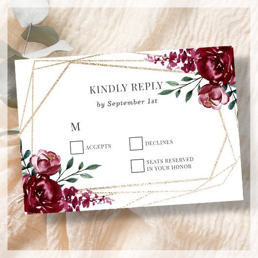 Bourgondië | Marsala Red Floral Wedding RSVP Kaart