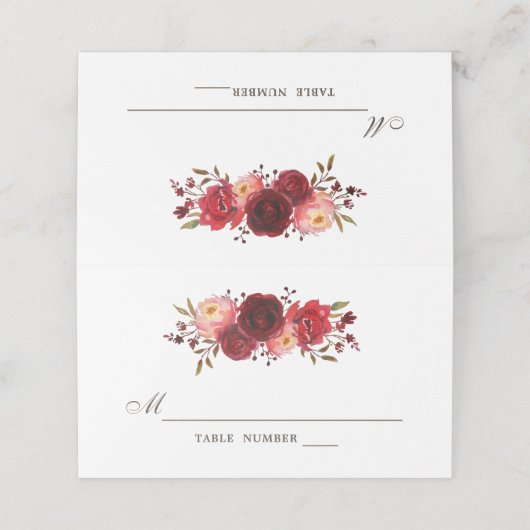 Bourgondië Marsala Rode rozen Bloemenbruiloft Plaatskaartje (Buitenkant ongevouwen)