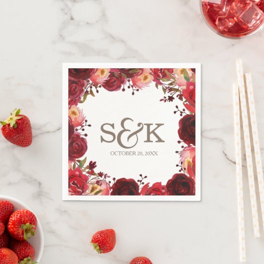 Bourgondië Marsala Rode rozen Bloemenbruiloft Servetten (Insitu)