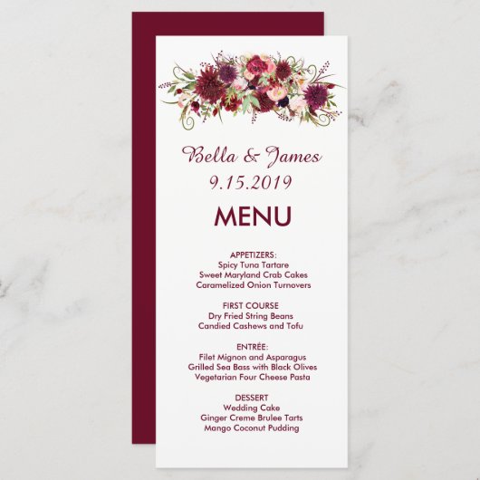 Bourgondië Marsala Rood Bloemen Bruiloft Menu (Voorkant / Achterkant)