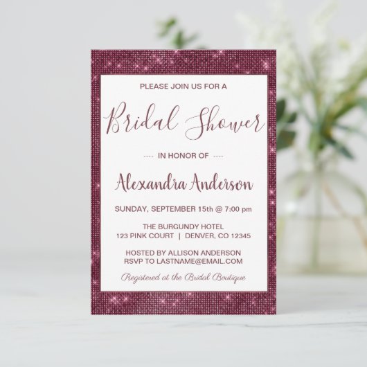 Bourgondië Marsala Sparkle Bruids Douche Uitnodigi Kaart (Staand voorkant)