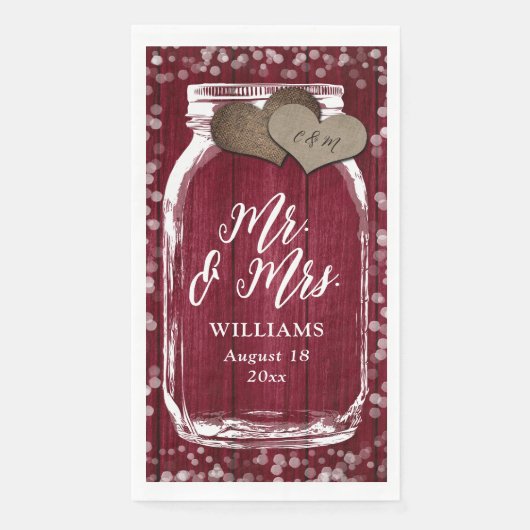 Bourgondië Mason Jar Barn Wood Mr & Mrs Wedding Servet (Voorkant)