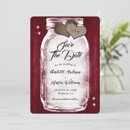 Bourgondië Mason Jar String Lights Schuur Hout Huw Save The Date (Staand voorkant)