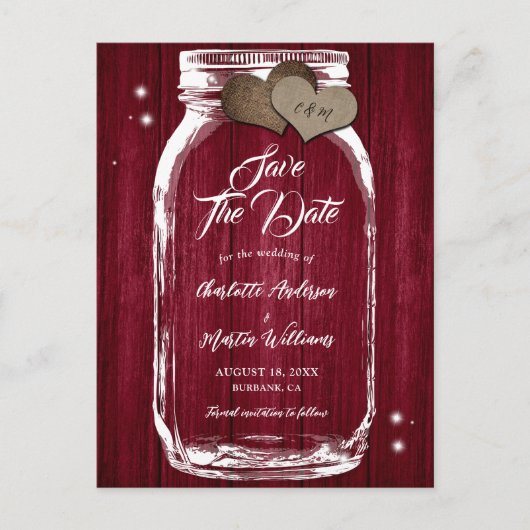 Bourgondië Mason Jar Wood Wedding Save the Date Aankondigingskaart (Voorkant)