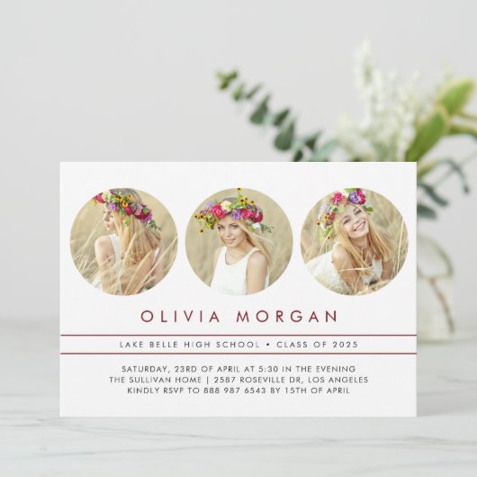 Bourgondië Modern Drie foto collage Afstuderen Kaart (Staand voorkant)