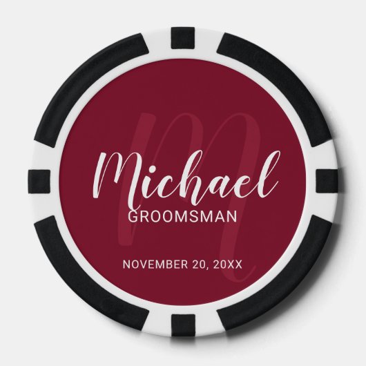 Bourgondië Modern Script Gepersonaliseerde Groomsm Poker Chips (Voorkant)
