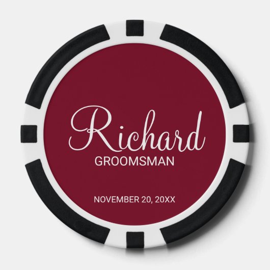 Bourgondië Modern Script Gepersonaliseerde Groomsm Poker Chips (Voorkant)