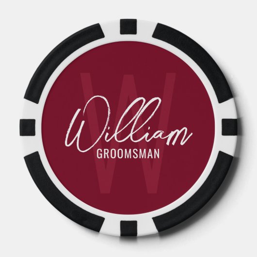 Bourgondië Modern Script Gepersonaliseerde Groomsm Poker Chips (Voorkant)