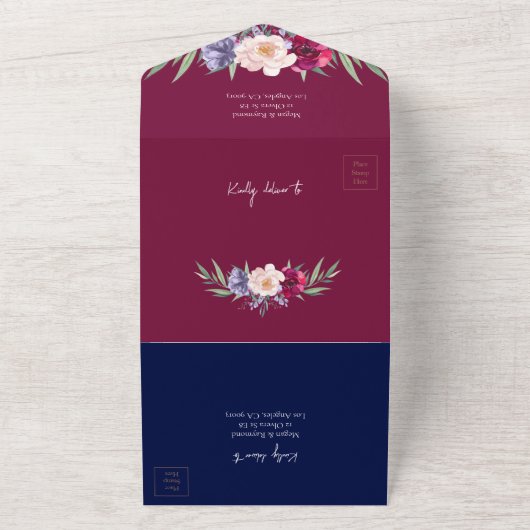 Bourgondië & Navy Blauw Blush Pioen Bloemen Bruilo All In One Uitnodiging (Buitenkant)