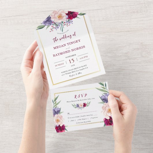 Bourgondië & Navy Blauw Blush Pioen Bloemen Bruilo All In One Uitnodiging (Afscheurbaar)