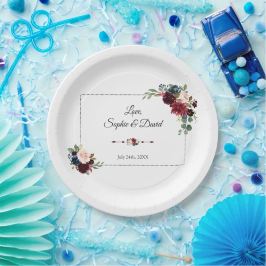 Bourgondië Navy Blauwe Bloemige Gestippelde Frame  Papieren Bordje (Feest)