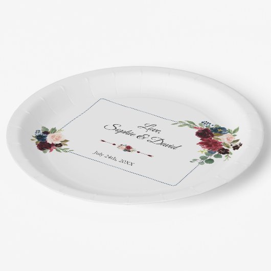 Bourgondië Navy Blauwe Bloemige Gestippelde Frame  Papieren Bordje (Gekanteld)