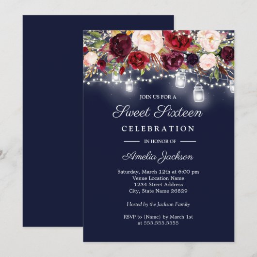 Bourgondië Navy Bloemen Lichten 16e Sweet Sixteen Kaart (Voorkant / Achterkant)