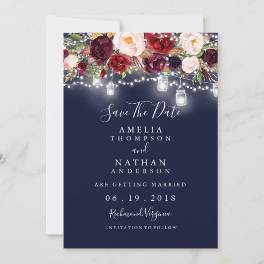 Bourgondië Navy Bloemen Lichten Trouwen Save The D Save The Date (Voorkant)