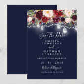 Bourgondië Navy Bloemen Lichten Trouwen Save The D Save The Date (Voorkant / Achterkant)