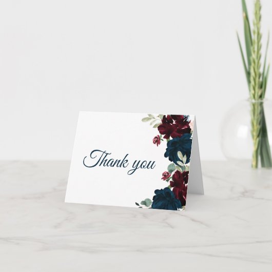 Bourgondië & Navy Bloemen Rustieke Bruidsdouche  Bedankkaart (Voorkant)