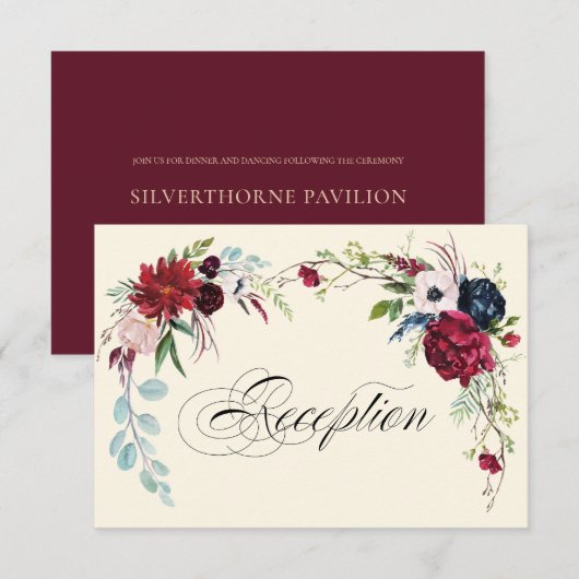 Bourgondië | Navy Blue Floral bruiloft receptie Ka Kaart (Voorkant / Achterkant)