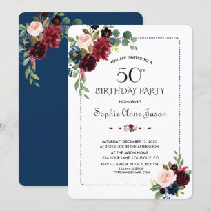 Bourgondië Navy Blue Floral Lijst 50e verjaardag Kaart