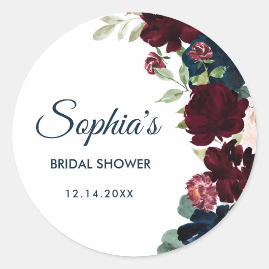 Bourgondië & Navy Blue Flowers Rustiek Vrijgezelle Ronde Sticker (Voorkant)