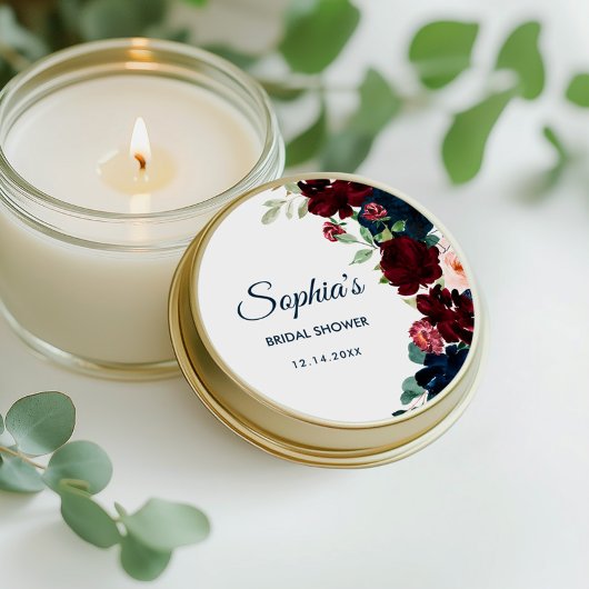 Bourgondië & Navy Blue Flowers Rustiek Vrijgezelle Ronde Sticker