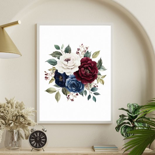 Bourgondië Navy Blue Maroon White Floral Bouquet Poster