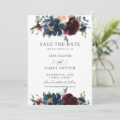 Bourgondië Navy Blush Bloem Bruiloft Save the Date Kaart (Staand voorkant)