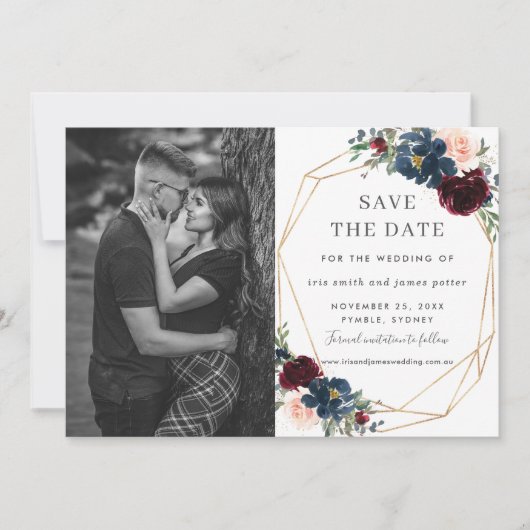 Bourgondië Navy Blush Bloem Foto Save the Date Kaart (Voorkant)