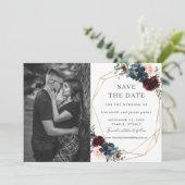 Bourgondië Navy Blush Bloem Foto Save the Date Kaart (Staand voorkant)