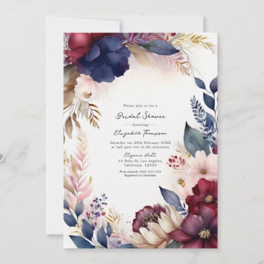 Bourgondië, Navy, Blush Boho Floral Vrijgezellenfe Kaart (Voorkant)