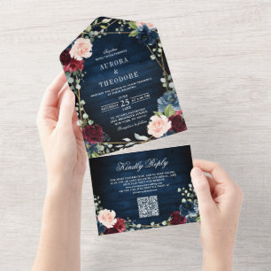 Bourgondië Navy Blush Geometrische QR Code Wedding All In One Uitnodiging