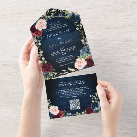 Bourgondië Navy Blush Geometrische QR Code Wedding All In One Uitnodiging (Afscheurbaar)