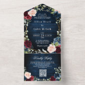 Bourgondië Navy Blush Geometrische QR Code Wedding All In One Uitnodiging (Binnen)