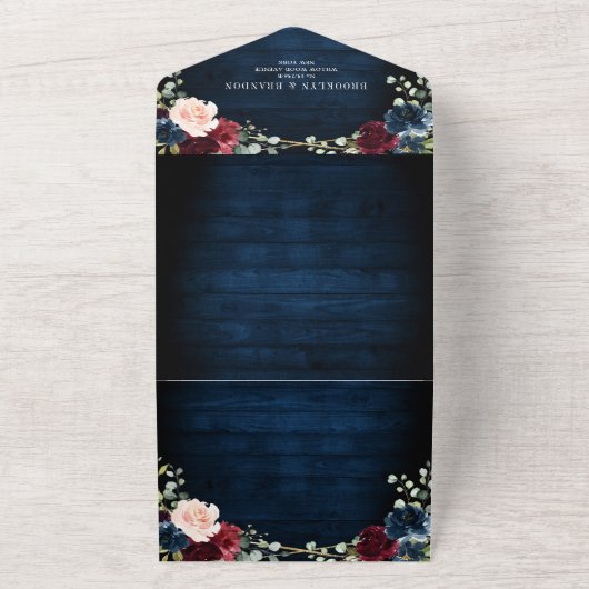 Bourgondië Navy Blush Geometrische QR Code Wedding All In One Uitnodiging (Buitenkant)