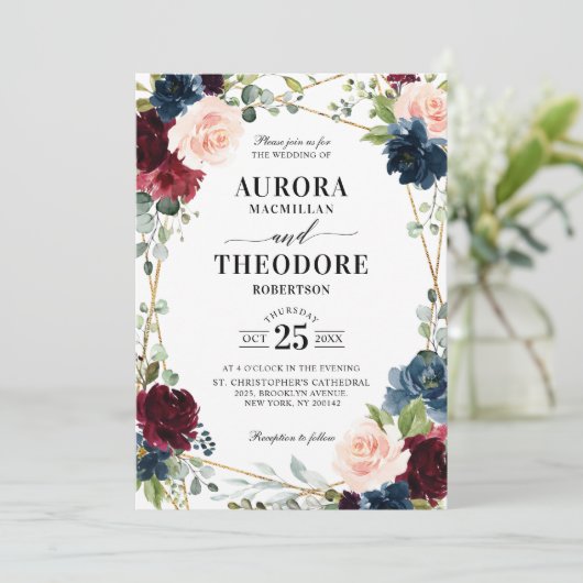 Bourgondië Navy Blush Goud Geometrische Details Hu Kaart (Staand voorkant)