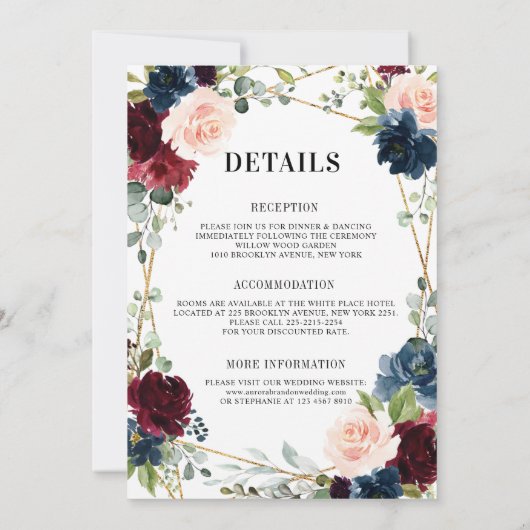 Bourgondië Navy Blush Goud Geometrische Details Hu Kaart (Achterkant)