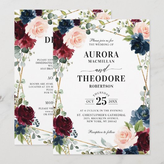 Bourgondië Navy Blush Goud Geometrische Details Hu Kaart (Voorkant / Achterkant)