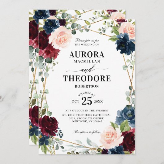 Bourgondië Navy Blush Goud Geometrische QR Code Hu Kaart (Voorkant / Achterkant)