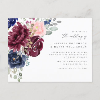Bourgondië, Navy & Blush Waterverf Bloemen Huwelij Uitnodiging Briefkaart