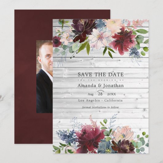 Bourgondië, Navy en Blush Bloem Huwelijksfoto Save The Date (Voorkant / Achterkant)