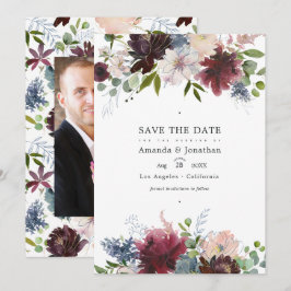 Bourgondië, Navy en Blush Bloemen Bruiloftsfoto Save The Date