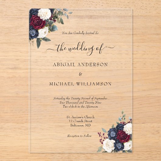 Bourgondië Navy Floral Elegant Formal Script Weddi Acryl Uitnodigingen (Voorkant)