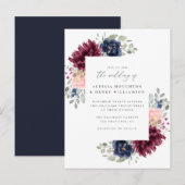 Bourgondië & Navy Waterverf Bloemen Hoeken Trouwen Uitnodiging Briefkaart (Voorkant / Achterkant)