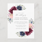 Bourgondië & Navy Waterverf Bloemen Hoeken Trouwen Uitnodiging Briefkaart (Voorkant)