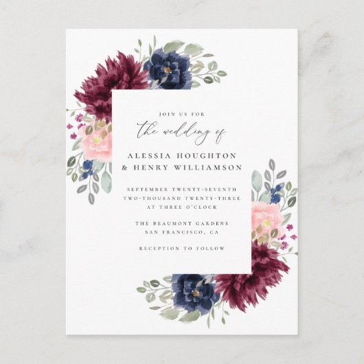 Bourgondië & Navy Waterverf Bloemen Hoeken Trouwen Uitnodiging Briefkaart (Voorkant)