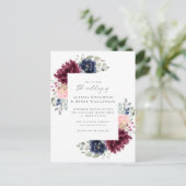 Bourgondië & Navy Waterverf Bloemen Hoeken Trouwen Uitnodiging Briefkaart (Staand voorkant)