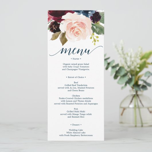 Bourgondië Navy Wedding Menu en dank u Kaart (Staand voorkant)