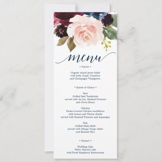 Bourgondië Navy Wedding Menu en dank u Kaart (Voorkant)